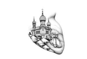russian orthodox christian left arm tattoo with st basils cathederal in a mountainous setting tattoo idea