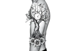 tree of life with clock, flowers,  surrounded by floral ornaments and birds tattoo idea