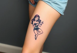 Stylized comic book woman in bondage on thigh tattoo idea