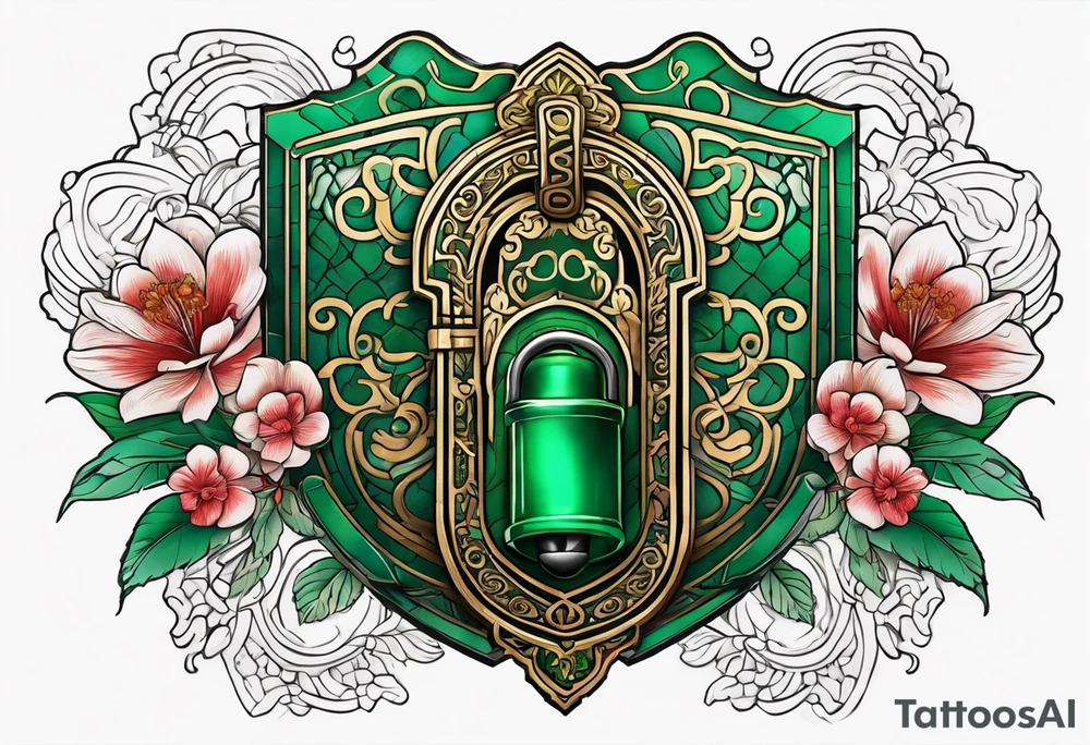 Lock and key with emerald stone tattoo idea