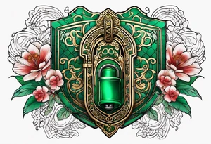 Lock and key with emerald stone tattoo idea