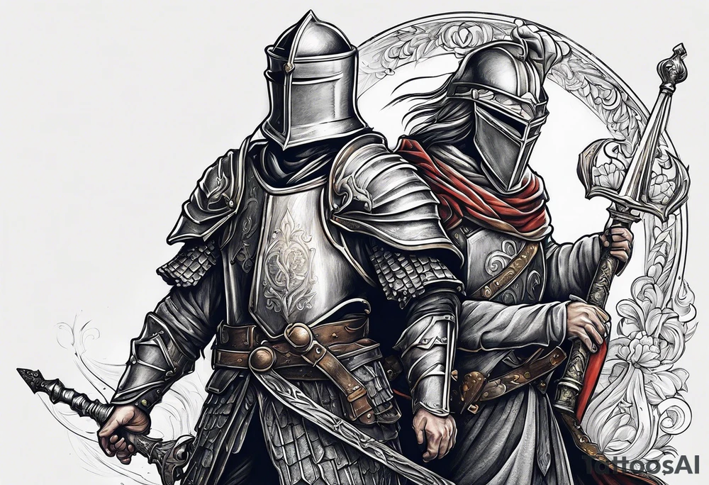 a blind man being protected by a knight holding the bible tattoo idea