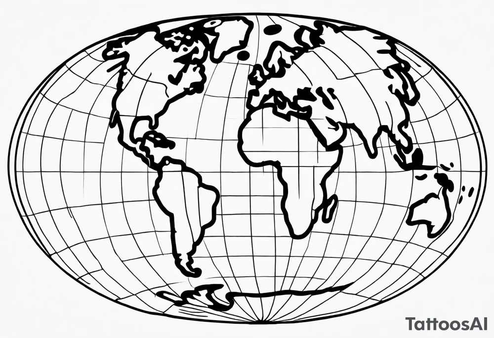 the earth on a flat map with no shading placed on a grid with only the lines with accurate depictions of the borders in countries while having it in an oval/circular position on a grid without any borders on the sides while having the countries not have such bold borders tattoo idea