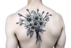 small bit of color, bouquet of daffodils, daisies, lily of the valley on upper arm tattoo idea