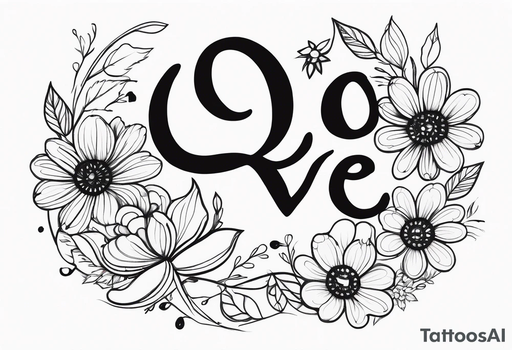 cursive lowercase word love making the o in love a dog paw print and entwine a 3 wild flowers in the word love tattoo idea