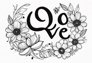 cursive lowercase word love making the o in love a dog paw print and entwine a 3 wild flowers in the word love tattoo idea