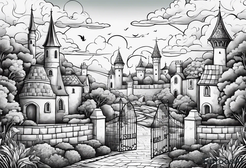 sky medieval town garden with towers small houses gate entrance 
 in rounded vignette surrounded by clouds tattoo idea