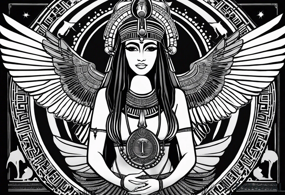 black and white Egyptian goddess Isis, who is often depicted as a woman with outstretched wings, holding an ankh (a symbol of life) in one hand and a lotus flower in the other. Her headdress often includes a throne or a solar disk. The tattoo design can vary in style and size, but it typically aims to capture the essence of this revered Egyptian deity, emphasizing her beauty, power, and maternal qualities. The choice of colors and additional elements can also be customized to create a unique and visually striking representation of the goddess Isis tattoo idea