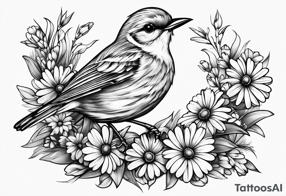 Little bird out perched on grass and daisys tattoo idea