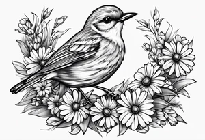Little bird out perched on grass and daisys tattoo idea