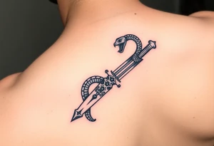 mystical snake coiled around an ancient dagger with jeweled hilt tattoo idea