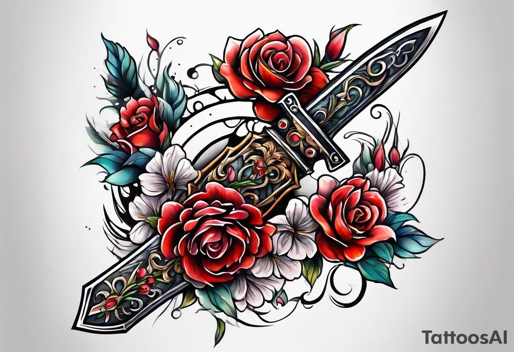 bloody sword with flowers tattoo idea