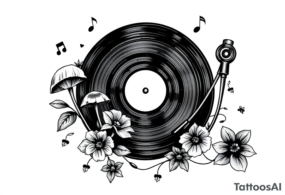 modern vinyl record player with mushrooms, flowers, and music notes around it tattoo idea