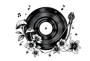 modern vinyl record player with mushrooms, flowers, and music notes around it tattoo idea