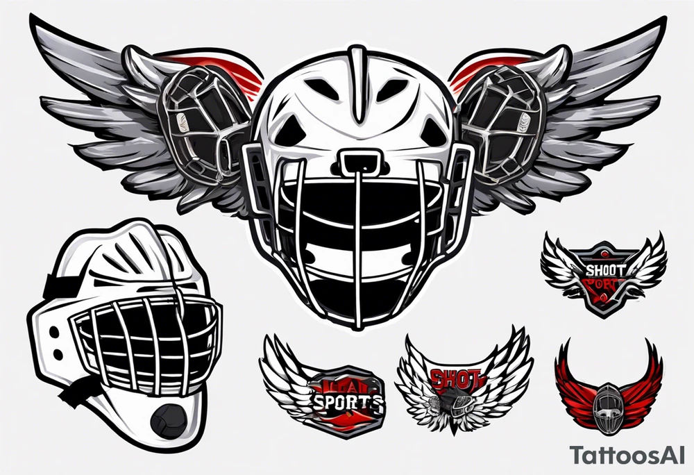 hockey puck with wings and a goalie mask that says "SHOT SPORTS" tattoo idea