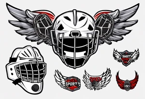 hockey puck with wings and a goalie mask that says "SHOT SPORTS" tattoo idea