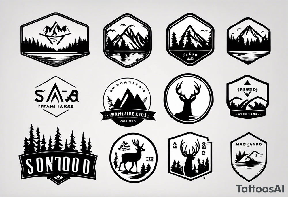 A logo for an outdoors company that includes an "S" and an "M". Includes a mountain, a lake, some trees, and a deer tattoo idea