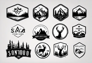 A logo for an outdoors company that includes an "S" and an "M". Includes a mountain, a lake, some trees, and a deer tattoo idea