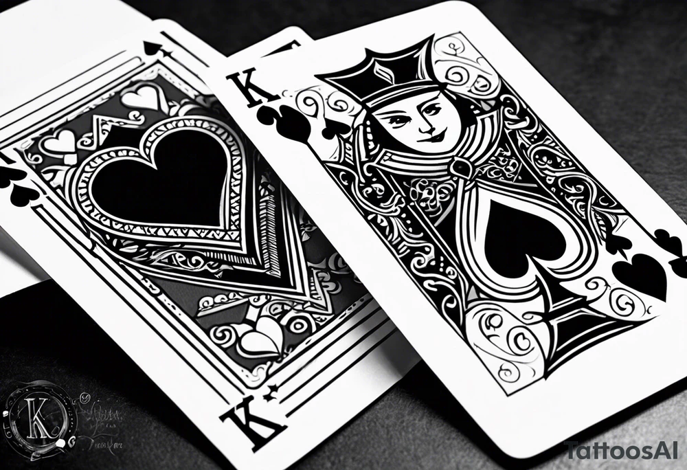 Only  Two cards no faces just letters and shapes, king of hearts with the K in the middle of the card and hearts in the corners and the Ace of spades behind it with the A in the corner peeking from behind the king of hearts card tattoo idea