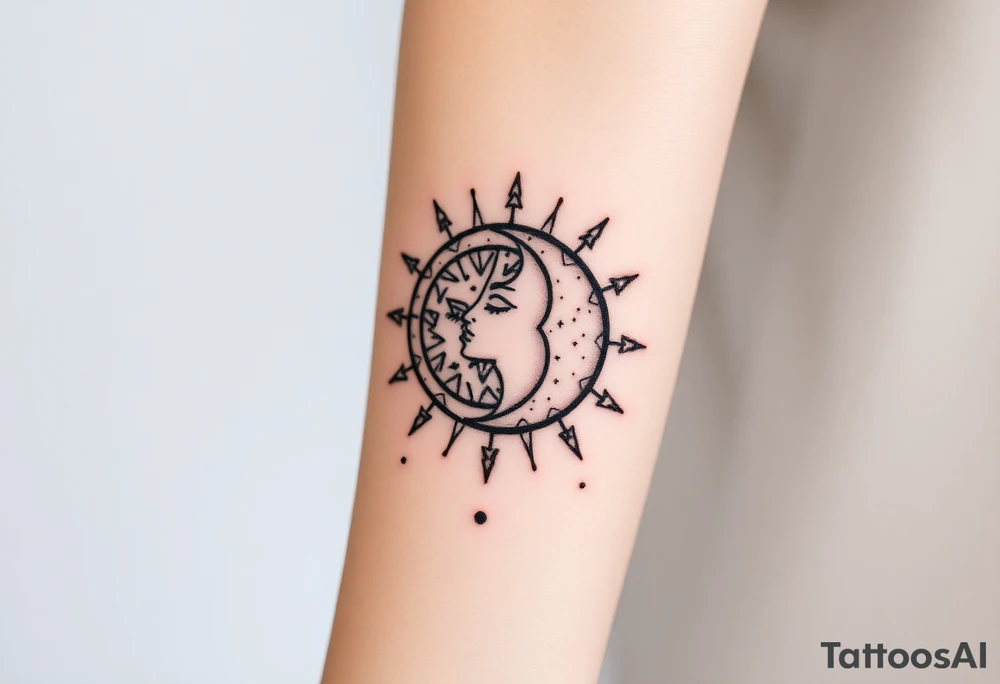 celestial sun and moon embrace with constellation patterns tattoo idea