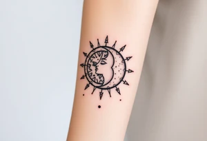 celestial sun and moon embrace with constellation patterns tattoo idea