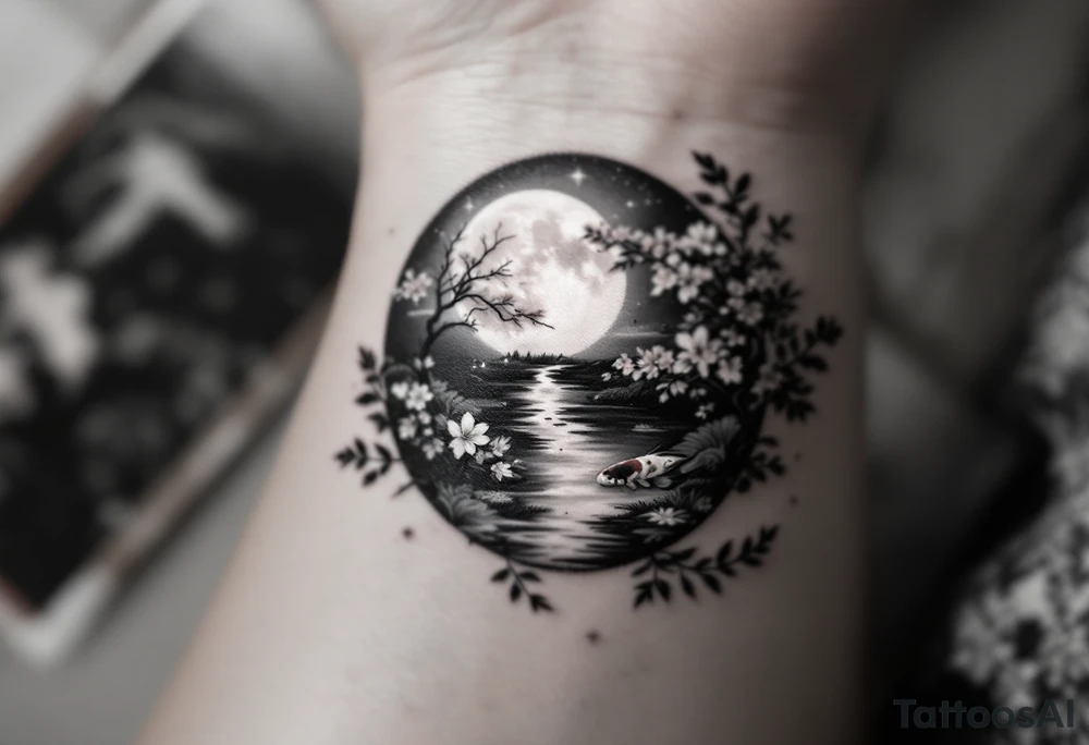 a koi fish swimming upstream in a pond moonlight by the full moon with a sakura tree by the pond surrounded by lighting tattoo idea