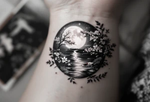 a koi fish swimming upstream in a pond moonlight by the full moon with a sakura tree by the pond surrounded by lighting tattoo idea