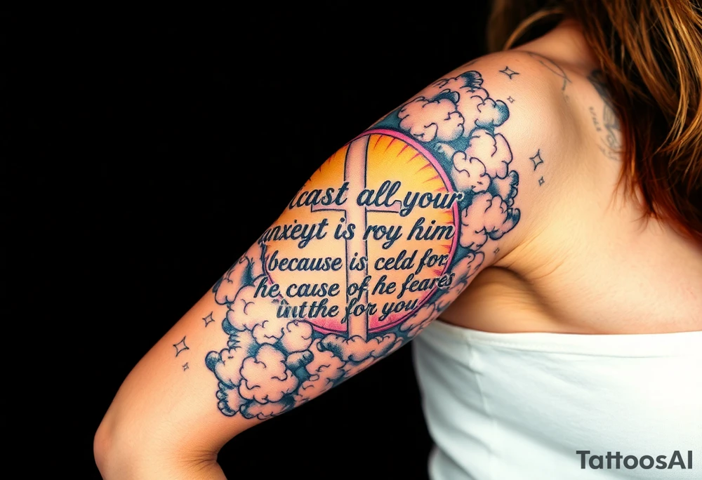 cast all your anxiety on him because he cares for you"  surrounded with clouds and cross tattoo idea