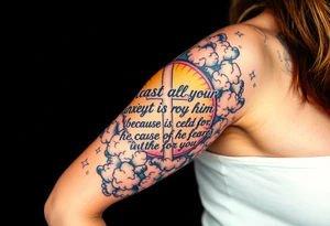 cast all your anxiety on him because he cares for you"  surrounded with clouds and cross tattoo idea