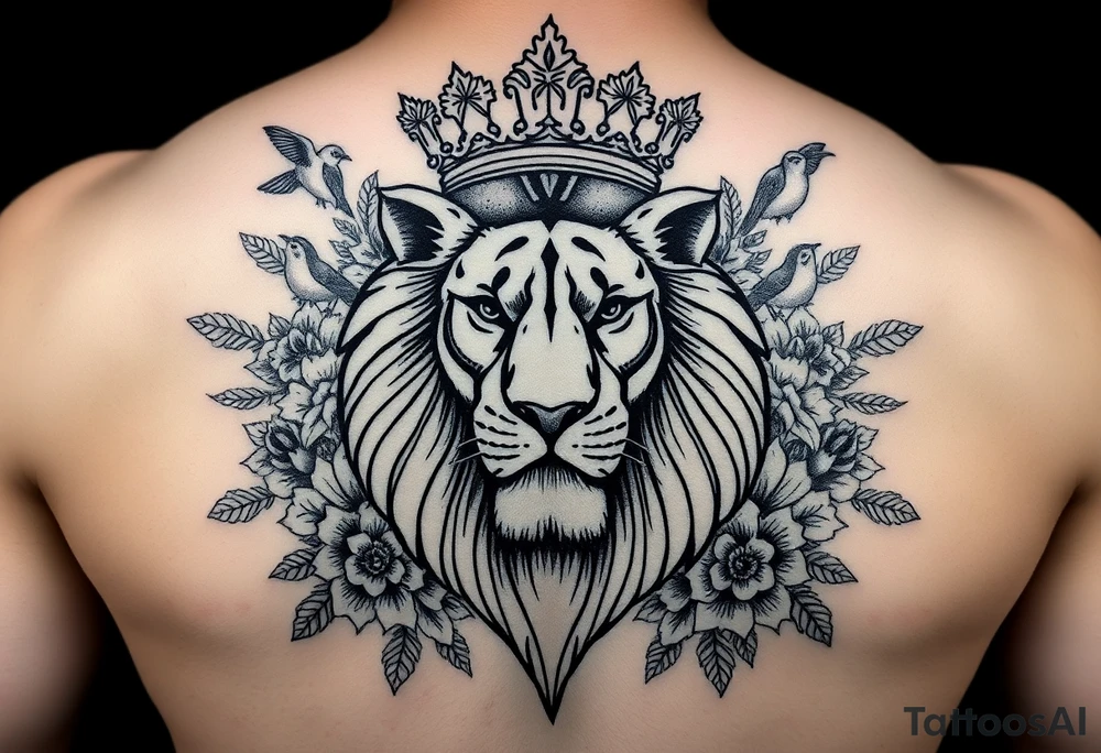 powerful majestic lion with a crown, surrounded by floral ornaments and birds tattoo idea