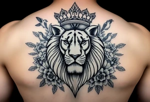 powerful majestic lion with a crown, surrounded by floral ornaments and birds tattoo idea