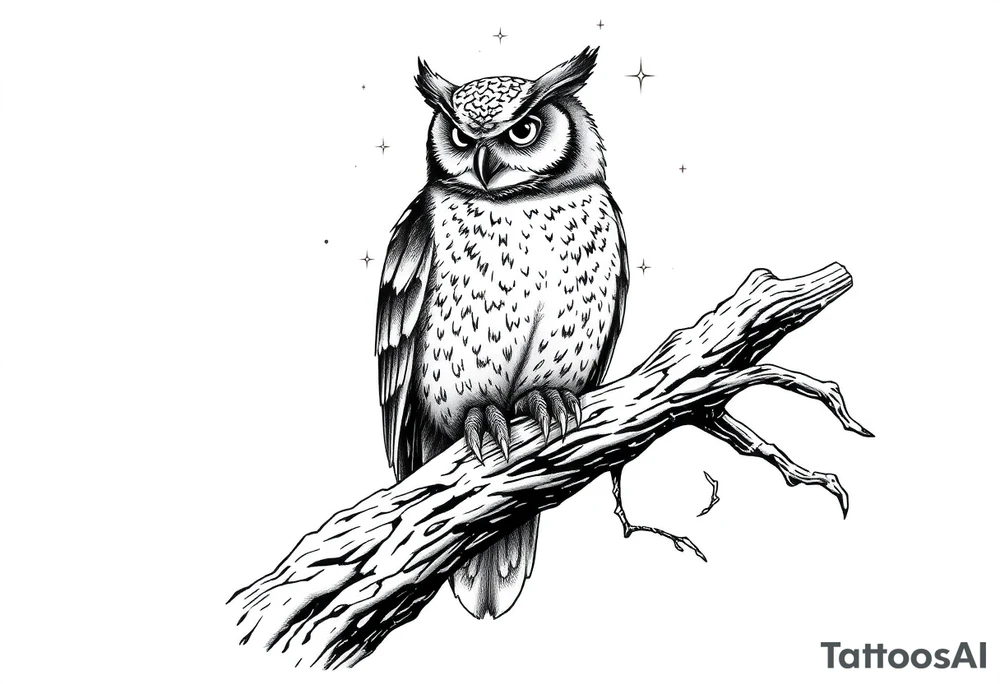 wise owl perched on ancient oak branch under starlit sky tattoo idea