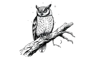 wise owl perched on ancient oak branch under starlit sky tattoo idea
