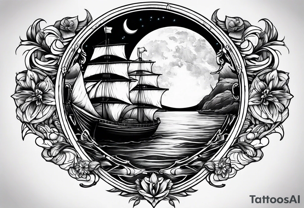 bateau, phare maritime et lune bleu tattoo idea