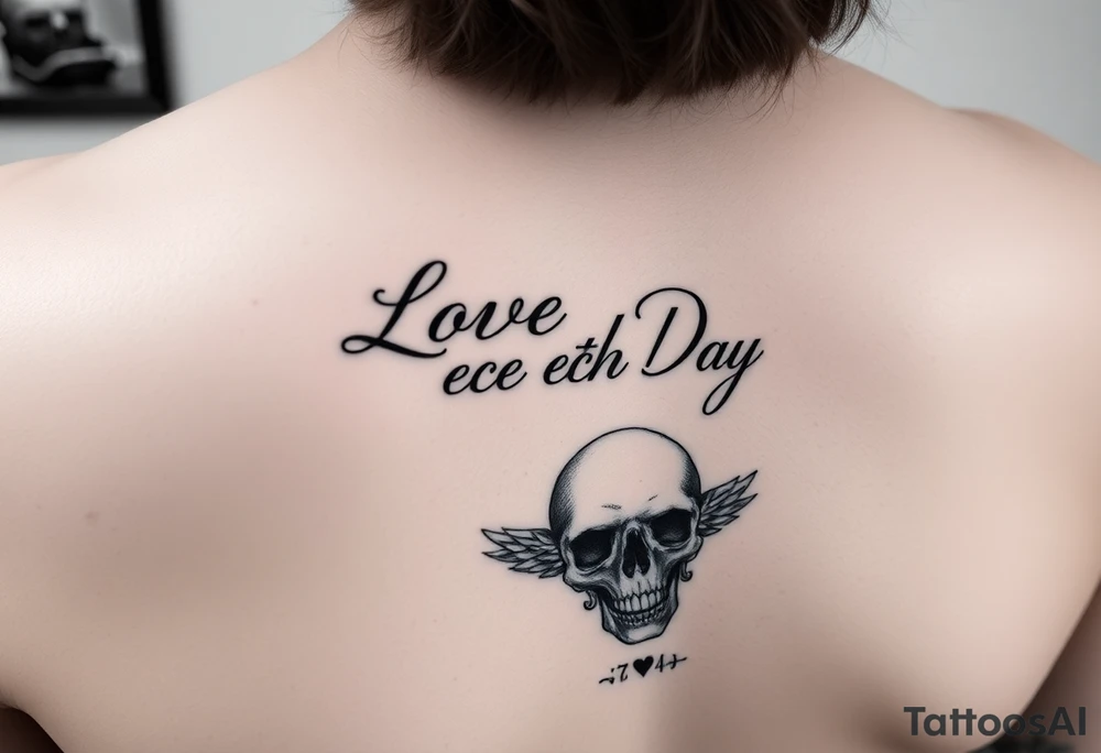 Love Each Day woman forearm tattoo with a skull border tattoo idea