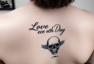 Love Each Day woman forearm tattoo with a skull border tattoo idea