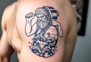 A large humanized god carrying a jar on his shoulder, the jar flows from water to create a marine environment tattoo idea