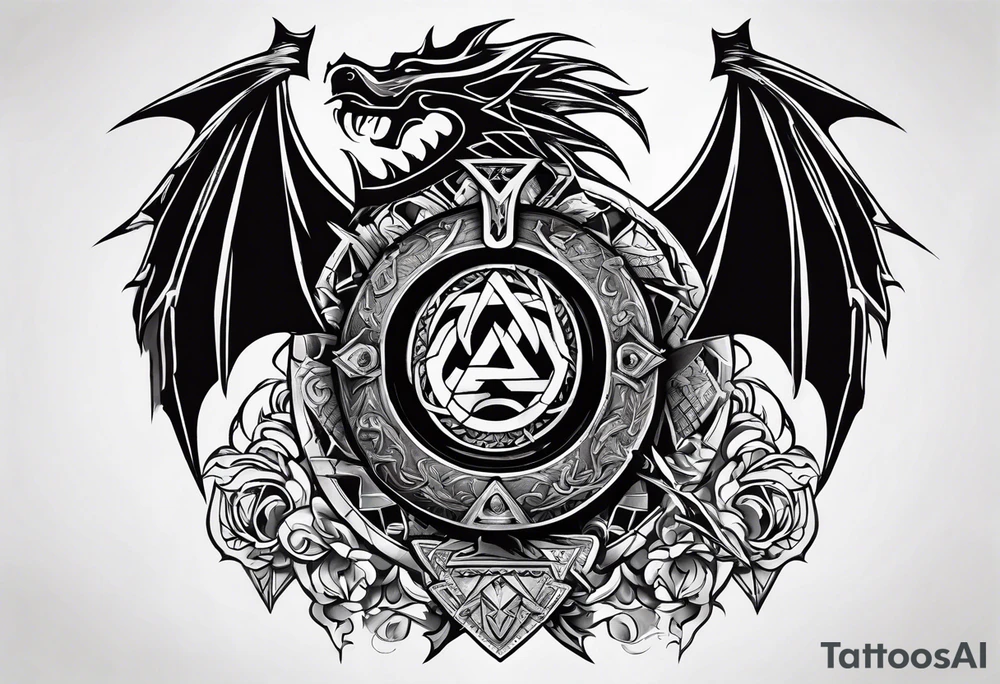 Valhalla sword shield dragon axe Valknut tattoo idea