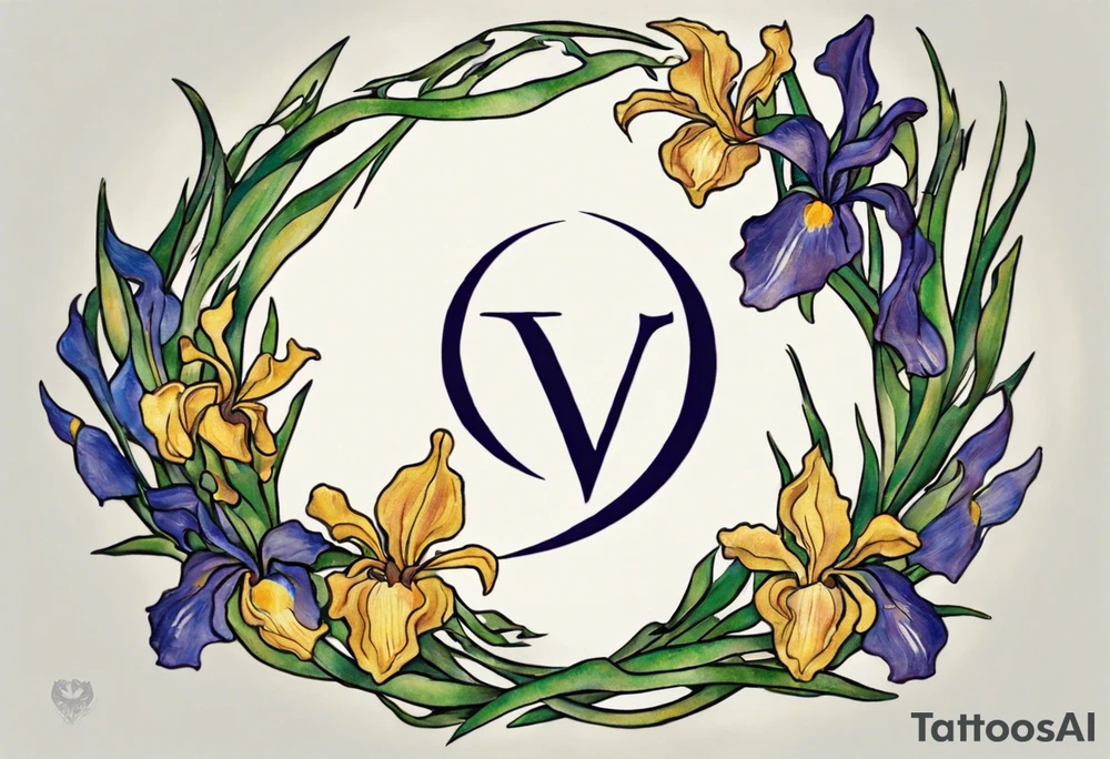 Create a colorful Vincent van Gogh Irises tattoo with Athena's shield and spear. The tattoo should take the form of a crescent, with vines gracefully intertwining at a central point in the middle of the wreath. Ensure that the design avoids the appearance of a bush and maintains a more structured and deliberate arrangement. The intended placement is on the upper chest. The overall design should be small in size while maintaining a delicate and artistic aesthetic. Pay attention to the graceful flow of the vines and the placement of the irises to achieve a refined and elegant look. tattoo idea