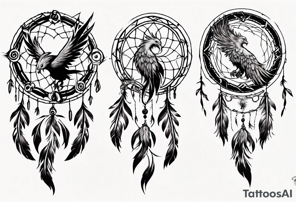 Firey Phoenix bursting from dream catcher tattoo idea