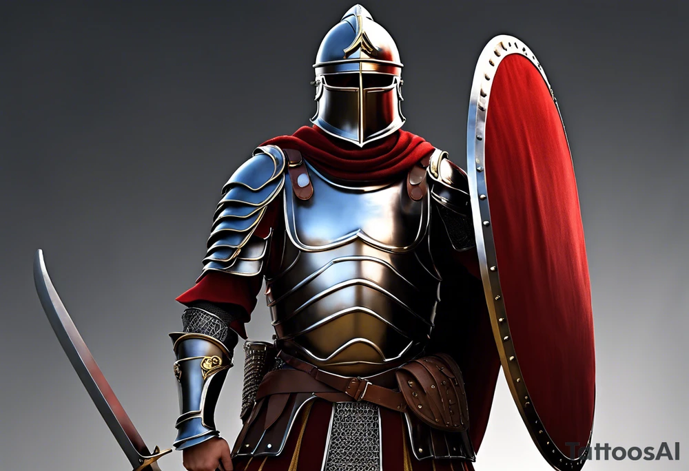 a high ranking roman soldier from AD 60, wearing armour which must include an armoured belt, breastplate, armoured shoes, shield, helmet and sword.
the soldier must look strong. the soldier is faceless. The image must include the full person, not just the top half. The soldier is mid-battle, fending off flaming arrows with his shield tattoo idea