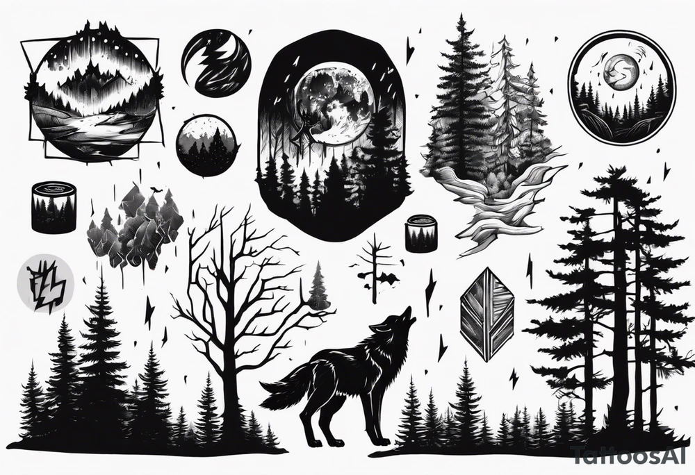 a thunder and lightning storm over a forest with a distant wolf howling and a drums tattoo idea
