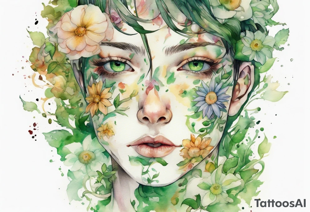 a handsom face covered in flowers with green eyes tattoo idea