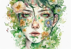 a handsom face covered in flowers with green eyes tattoo idea
