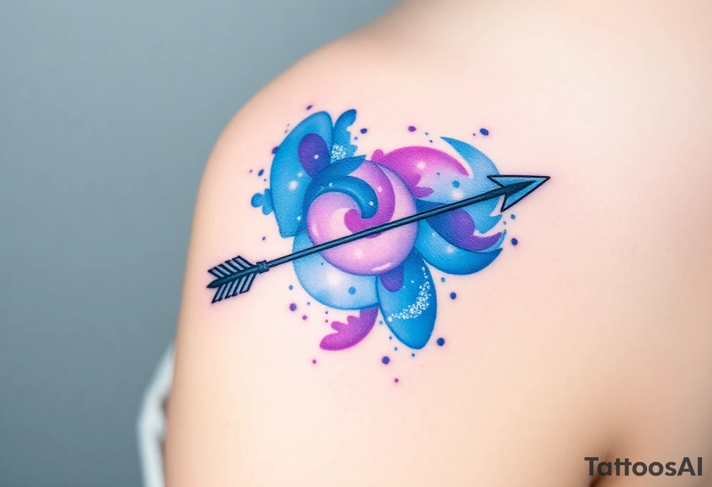 A Sagittarius arrow wrapped in a swirling galaxy, featuring shades of blue, violet, and sparkling silver highlight tattoo idea