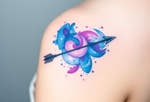 A Sagittarius arrow wrapped in a swirling galaxy, featuring shades of blue, violet, and sparkling silver highlight tattoo idea