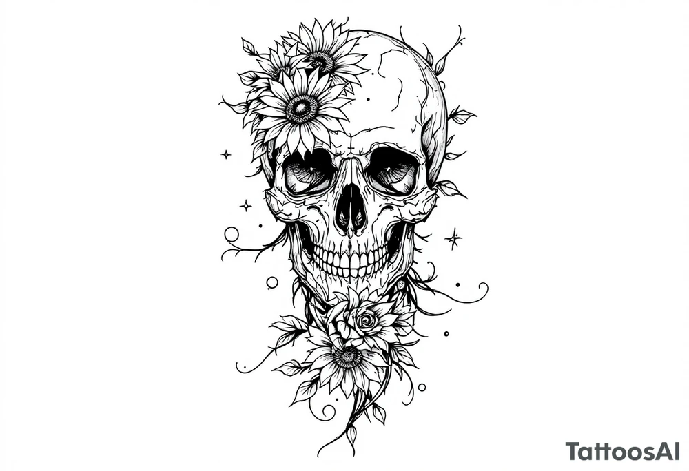 ornate skull adorned with wild roses and sunflowers tattoo idea