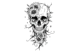 ornate skull adorned with wild roses and sunflowers tattoo idea