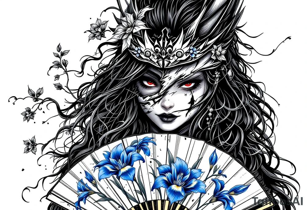 Woman samurai with red eyes wearing an half and broken kitsune mask, holding a japanese fan with blue Iris flowers tattoo idea