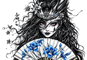 Woman samurai with red eyes wearing an half and broken kitsune mask, holding a japanese fan with blue Iris flowers tattoo idea